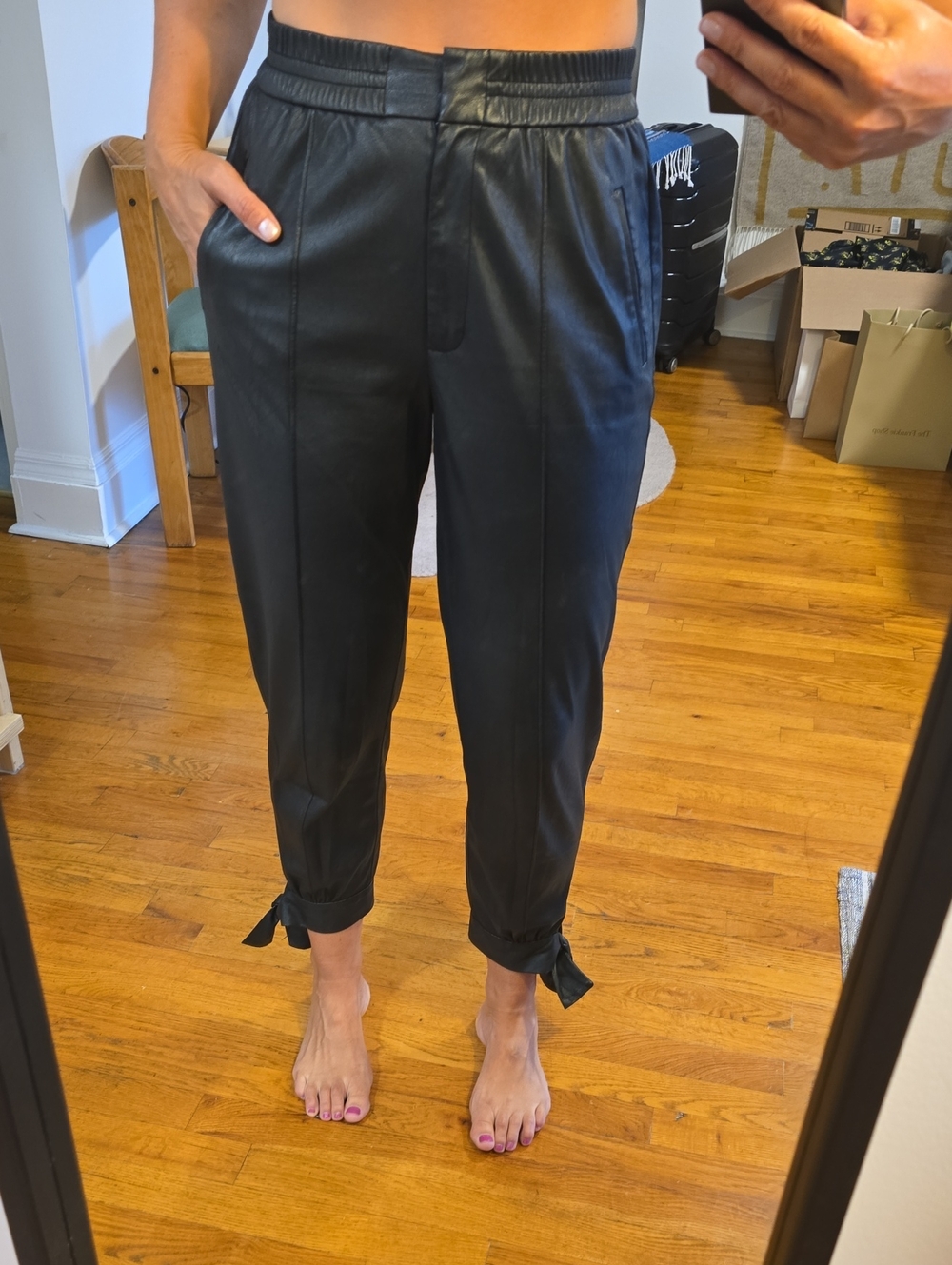 Rebecca Taylor Black Faux Leather Jogger Pants with Ankle Ties